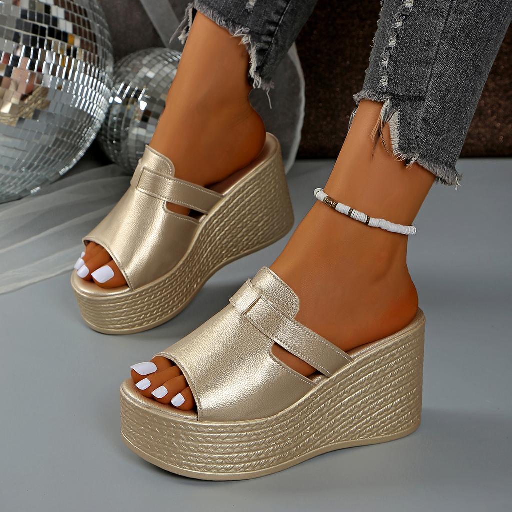 Shoes Woman 2025 Slippers for Swimming Pool Golden Wedge Peep Toe Round Headed Design Comfortable Beach Shoes Size 35-43