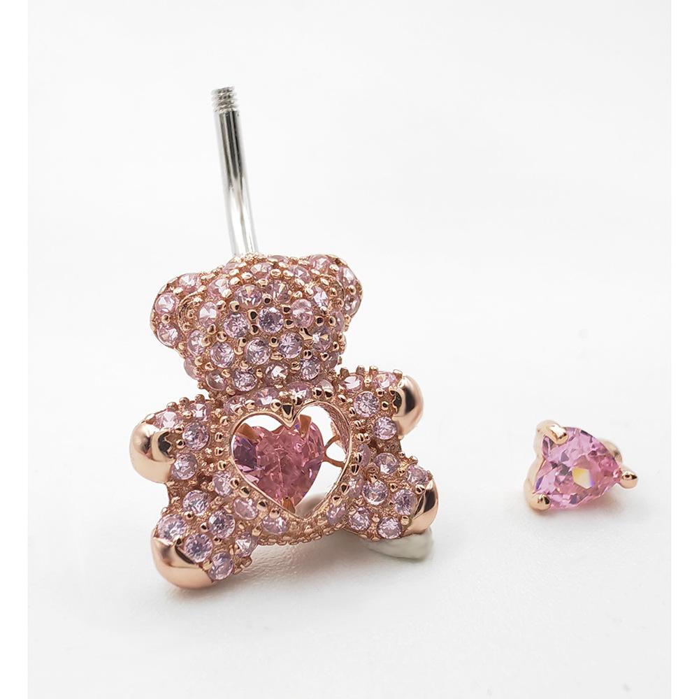 S925 Sterling Silver Pink Bear Umbilical Nail Light Luxury Fashion Sense Smart Bellybutton Button Human Body Puncture Jewelry