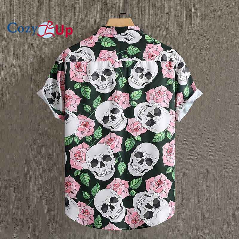 Skull & Flower Print Men's Casual Short Sleeve Shirt, Men's Shirt For Summer Vacation Resort, Tops For Men, Gift For Men