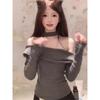 Black and gray striped contrasting colors one-word shoulder exposed collarbone long-sleeved t-shirt women's irregular streamer temperament