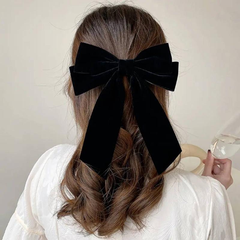 Girls Black Red Big Velvet Bow Hair Clip For Women Vintage Wedding Long Ribbon Korean Hair Pin Barrette  Hair Accessories