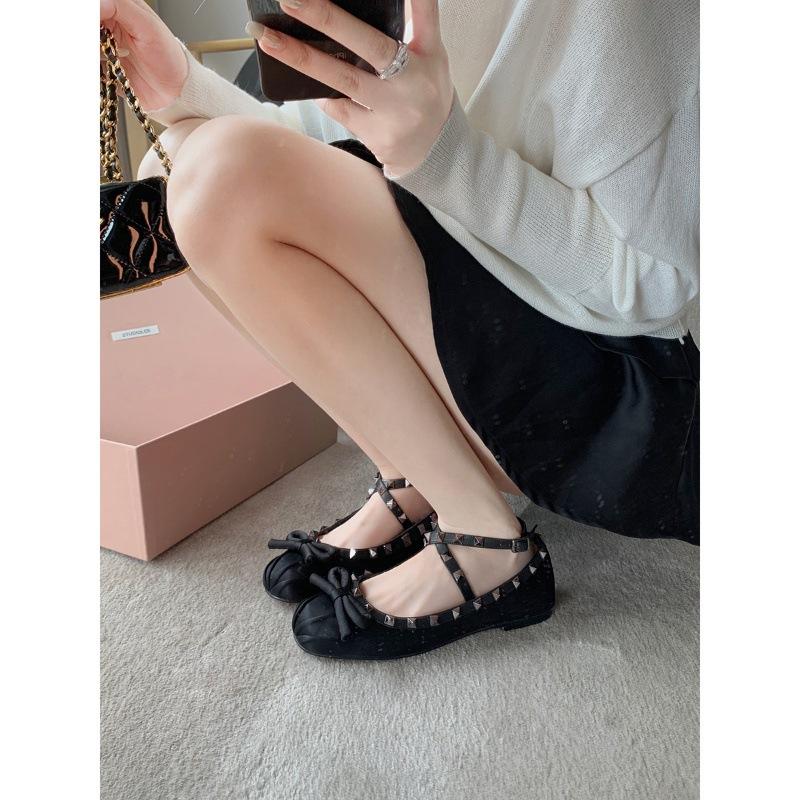 Sheepskin version cross strap Mary Jane shoes women's bow rivet round head flat ballet style single shoes