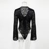 Black Sexy V-neck Lace Bodysuit Women Tops 2026 Summer Long Sleeve See Through Slim Rompers Jumpsuit Lace Up Sheer Lace Bodysuits