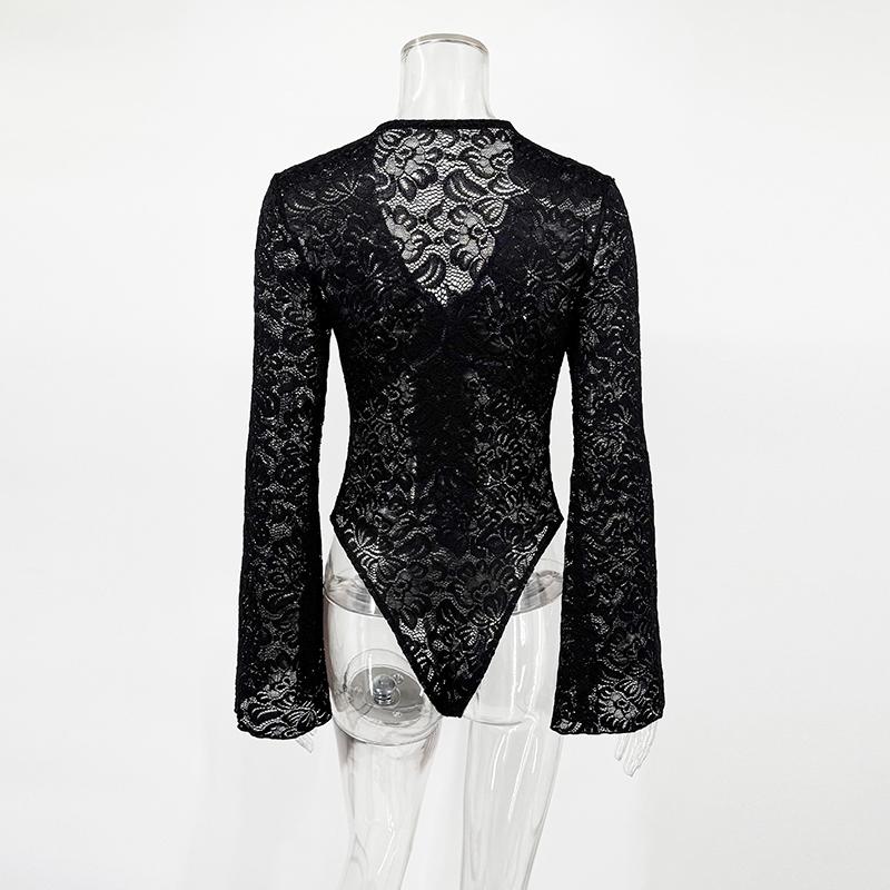 Black Sexy V-neck Lace Bodysuit Women Tops 2026 Summer Long Sleeve See Through Slim Rompers Jumpsuit Lace Up Sheer Lace Bodysuits
