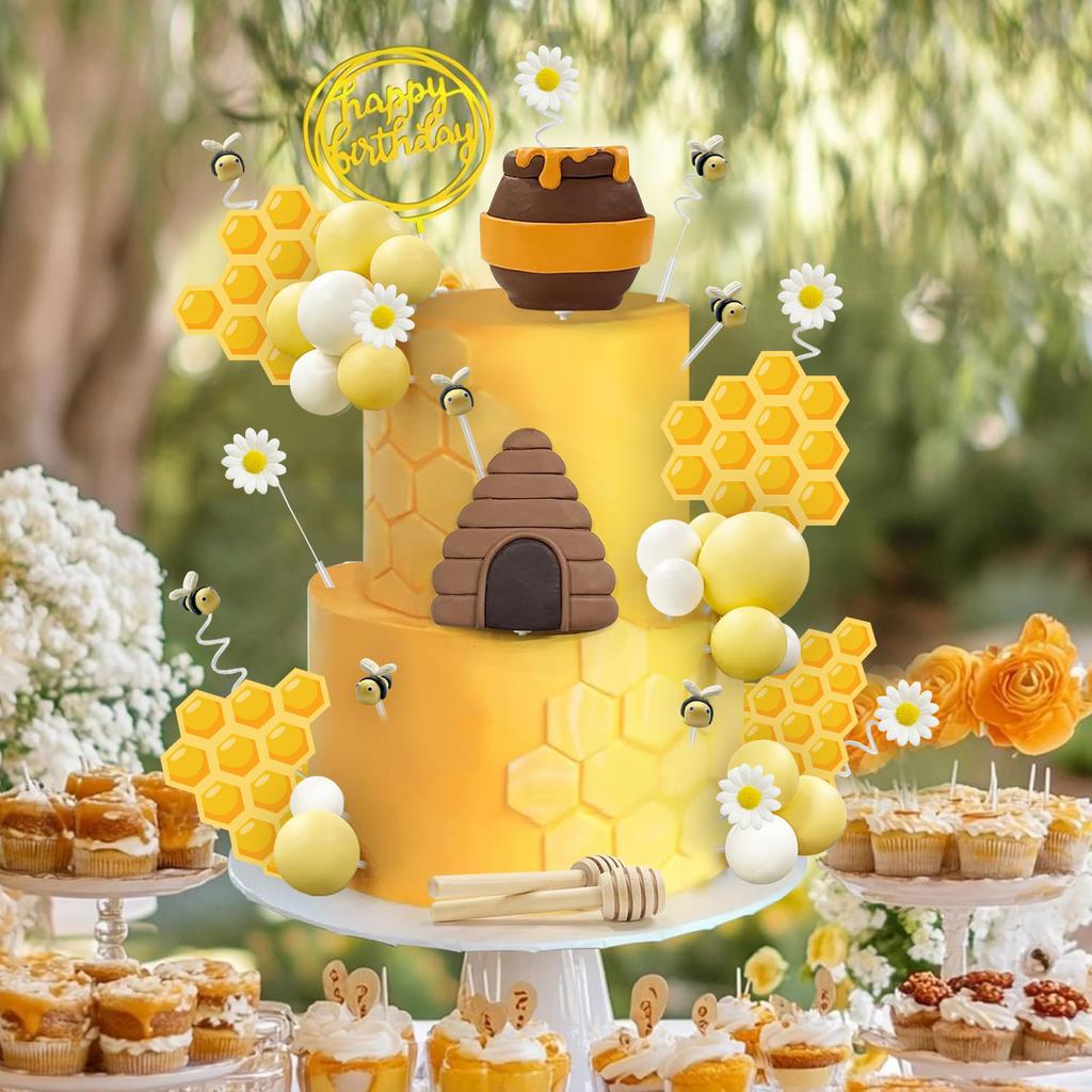 Bee Cake Toppers Honey Jar Cake Topper Honeycomb Cake Decorations for Baby Shower Bee Theme Birthday Party Decoration Supplies
