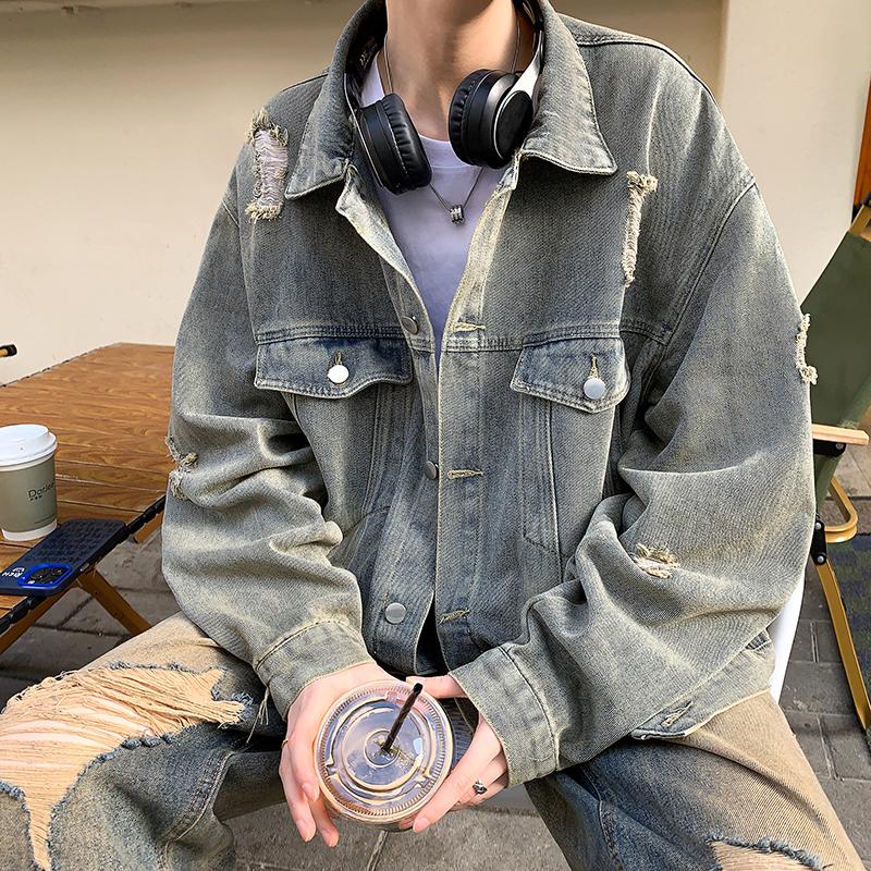 American-style Washed Ripped Denim Jacket Men's Spring and Autumn Jacket Trendy Casual Clothes