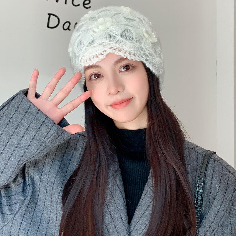 Wool Hat Women's Autumn and Winter New Warm Bag Head Confinement Hat Fashionable Trendy Hollow Handmade Knitted Hat