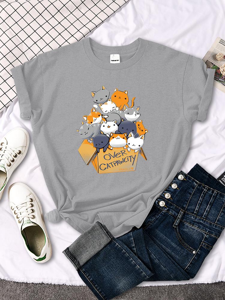 Womens Casual Creative Summer Tshirt with Cat Print New Round Neck Breathable Womens Aesthetic Clothes Summer Streetwear Y2K