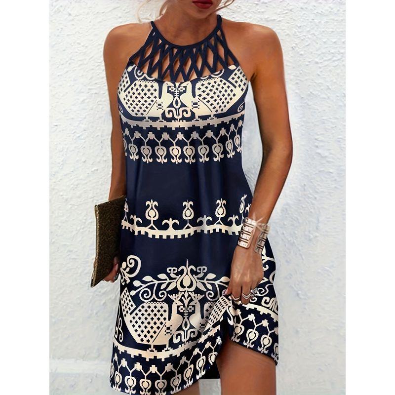 

and American Cross-Border Export Spring and Summer Trendy Women Sexy round Neck Sleeveless Dress Print Slim fit Hanging Neck Hollow out Skirts Blue 2XL (Bust size 108)