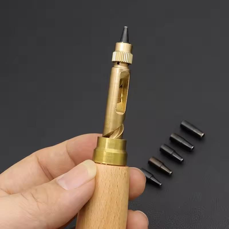 Japanese Style Leather Hole Punch Set Adjustable Screw Punch Tool 6 Tip Sizes with Wood Handle Bookbinding Paper Wood Crafting
