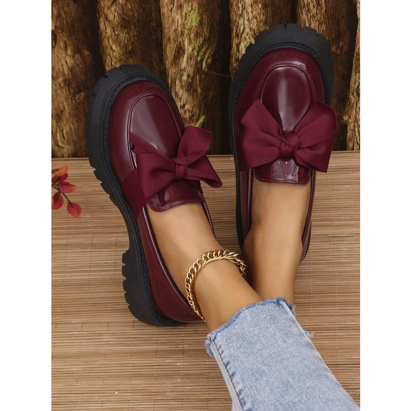 Chunky Sole 2025 British Style Korean Vintage Leather Loafers for Women Women's Slip-On Loafers with Bow Detail
