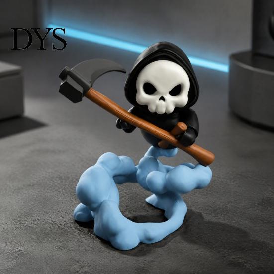 Cute Grim Reaper Figure 3D Printed Figurine with Cloud Base, Environmental Friendly Ornament Skeleton Scythe Statue, Halloween Decorative Collectible