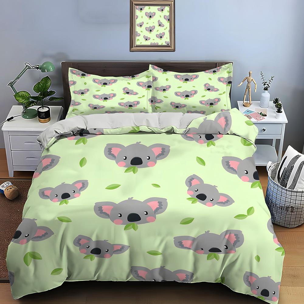 Cute Koala Pattern with Leaves Print Bedding Set 1 Duvet Cover 2 Pillowcases for Adult and Children Luxury Gift Full Size