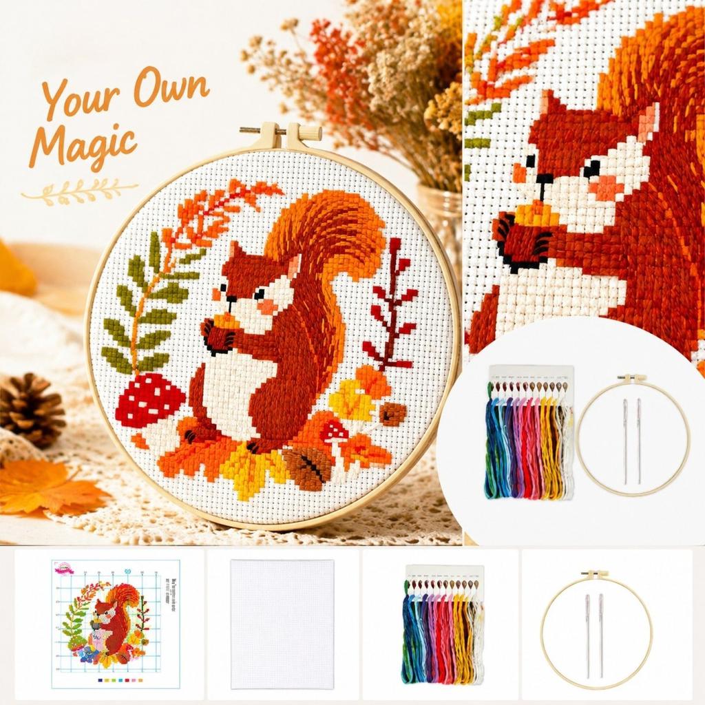 Hand Embroidery Kit for Beginners, Squirrel with Pinecone DIY Fabric Set with 20cm Hoop