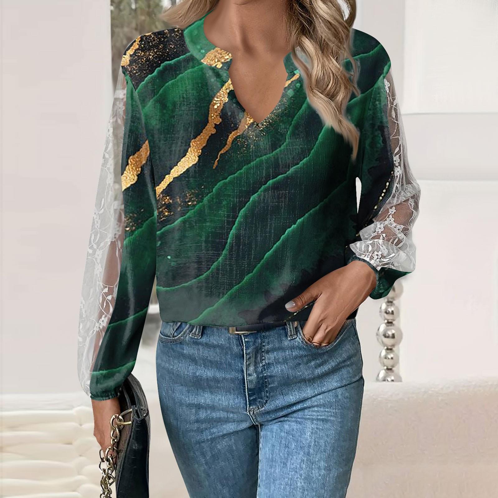 

Женские топы с длинными рукавами, повседневные свободные футболки с v-образным вырезом, топы-туники с кружевными рукавами и принтом XXL