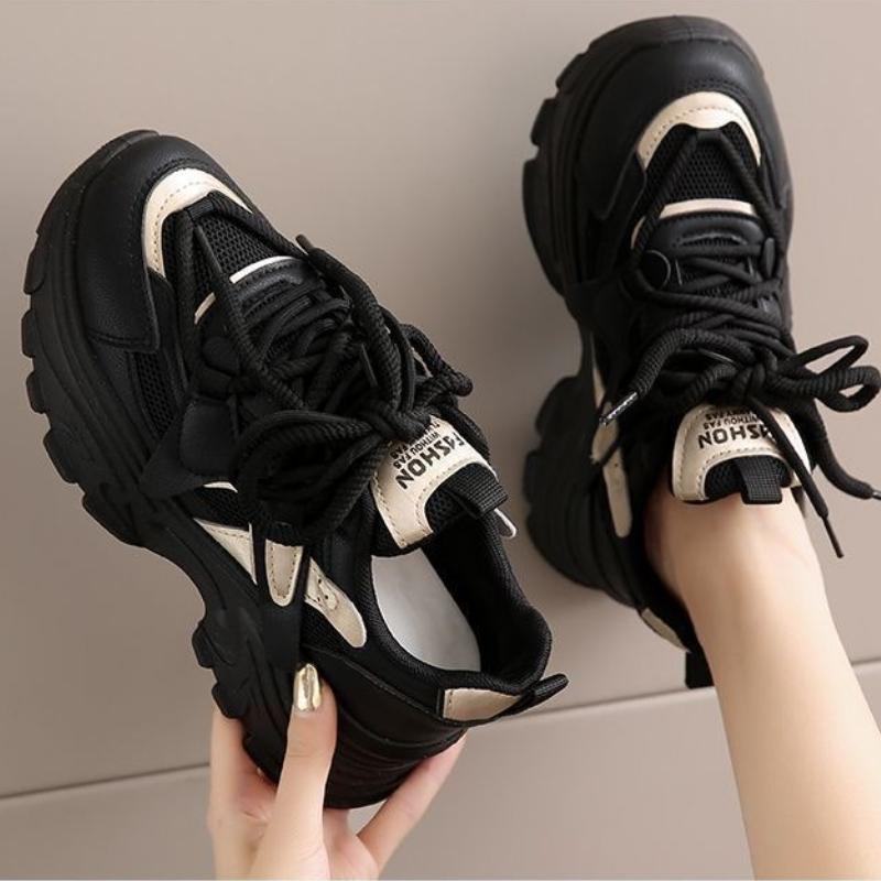 Fashion Double Mesh Breathable Non-slip Dad Shoes Women's 2025 Spring New Middle Heel Soft Sole Wide Foot Casual Thick Sole Sports Shoes