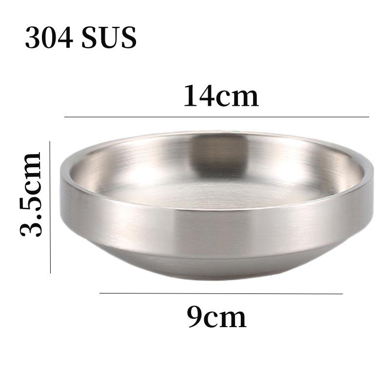 Double-Layer Round Kimchi Plate Dish, 304 Stainless Steel,Silver Color,Rice Bowl,Cold Noodle Plate Bowl,Insulation,Anti-Scalding