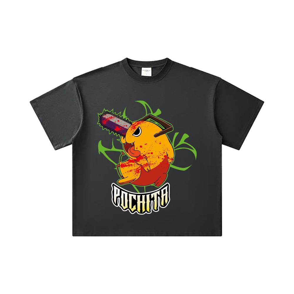 260 GSM Double Yarn 32 Count 100% Cotton Chainsaw Man V36 Denji Pochita Print Unisex Heavy Cotton T Shirt