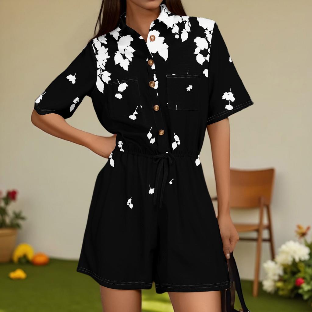 Damenmode V-Ausschnitt Jumpsuit Karomuster Lässig Kurzarm Top Jumpsuit