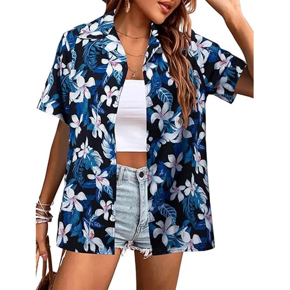 Letnia Moda Koszule z Krótkim Rękawem Damskie Hawajskie Kwiatowe Drukowane 3D Podstawowe Koszule Styl Plażowy Kurort Jednorzędowe Codzienne Koszule