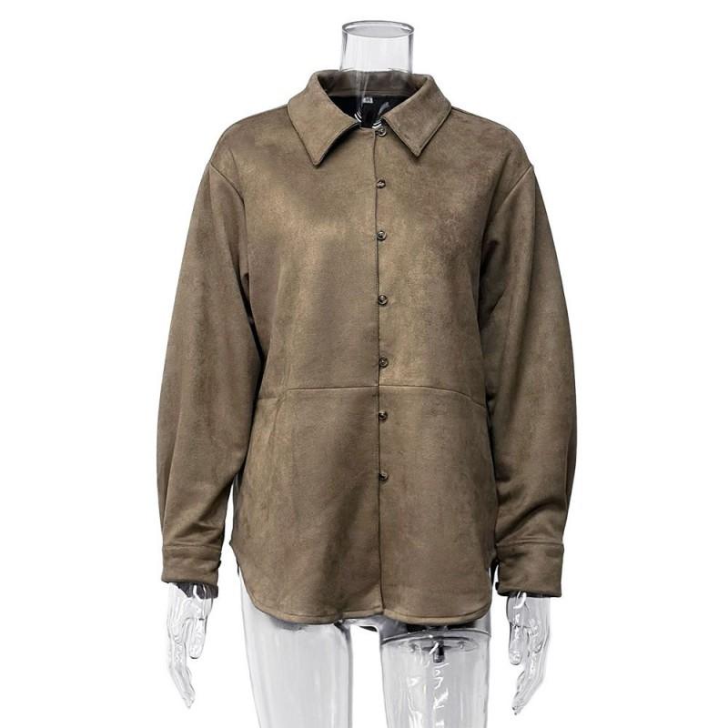 Suede Shirt Coat European American New Casual Loose Long-sleeved Women Retro S хаки