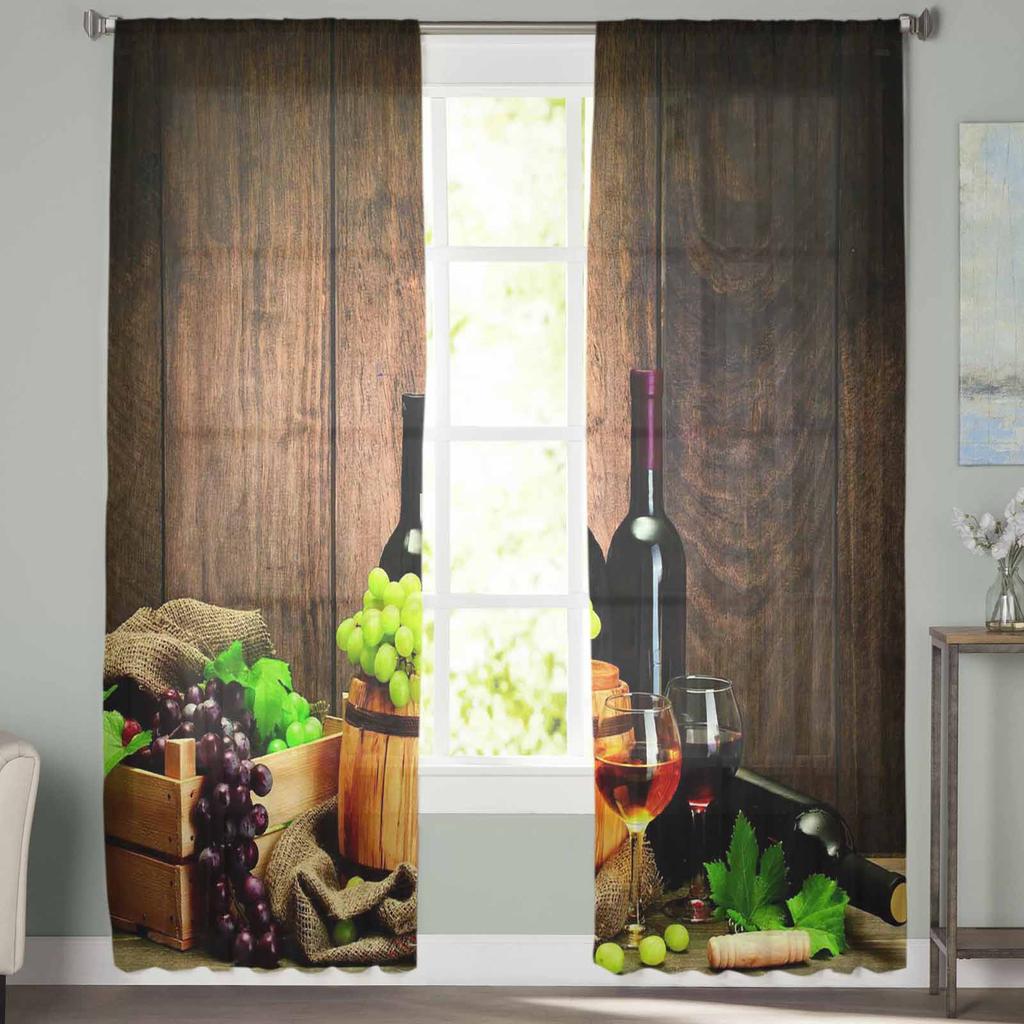 Wine Glass Wine Barrel Grapes Sheer Window Curtains For Living Room Kitchen Children Bedroom Voile Hanging Curtain