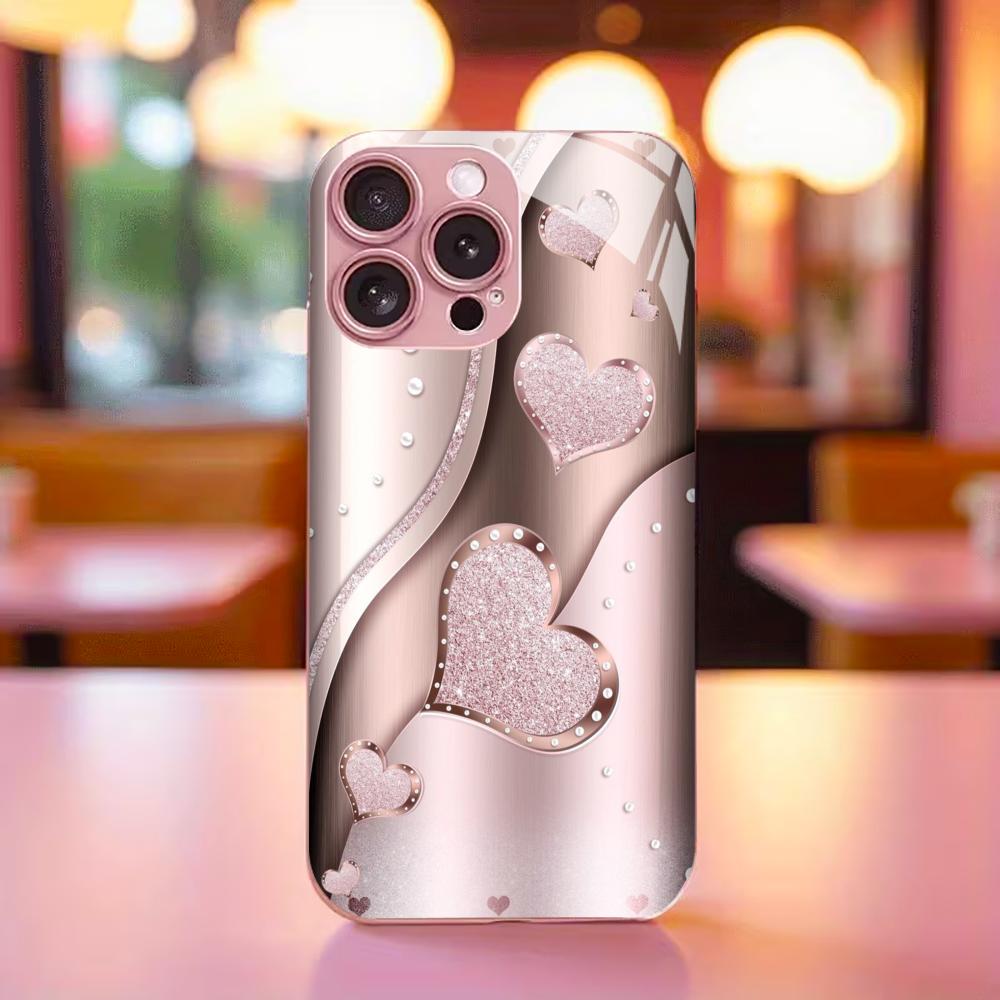 Pink heart to heart Phone Case High-end Phone Case Electroplated Glass TPU PhoneCase for iPhone 17 16 15 14 13 12 11pm Pro Plus