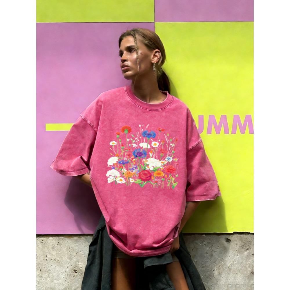 Flowers That Absorb Sunlight Print Washed T Shirt Women Summer Breathable Short Sleeves Cotton Loose Streetwear T-Shirt