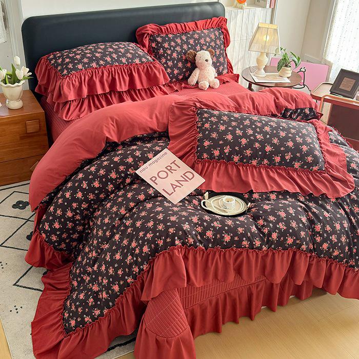 Spring/Summer Washed Cotton Lace Quilt Bedspread Set - 4 Pieces, Machine Washable