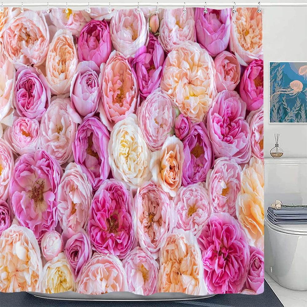 1Pcs Pink flower printing waterproof shower curtain,  Rose flowers wall bathroom decorative curtain with plastic hooks