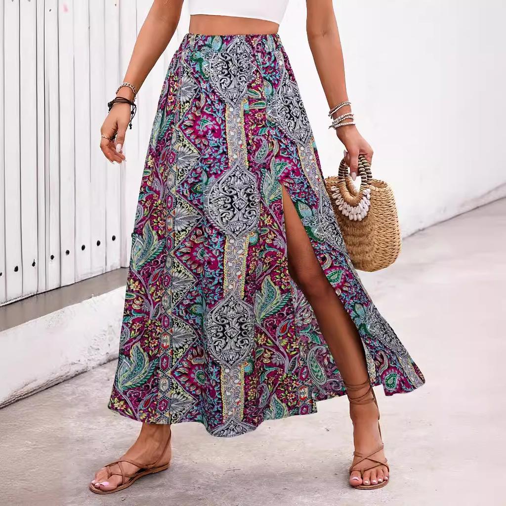 ins cross-border celebrity style personalized printing slit a-word skirt spring and summer high-end foreign trade women's clothing skirt skirt skirt