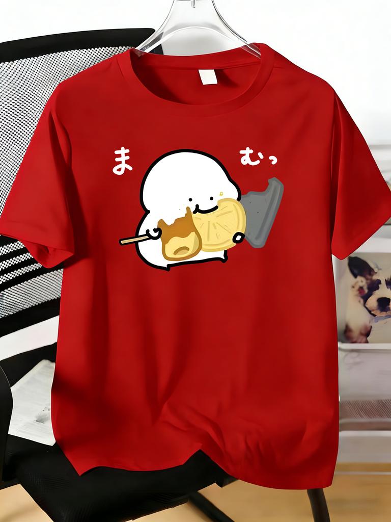 Unisex Crew Cotton Tee Cute Japanese Mochi Cartoon Print Short Sleeve Summer Daily Street Loose Top For Young Teen Male Casual Wear
