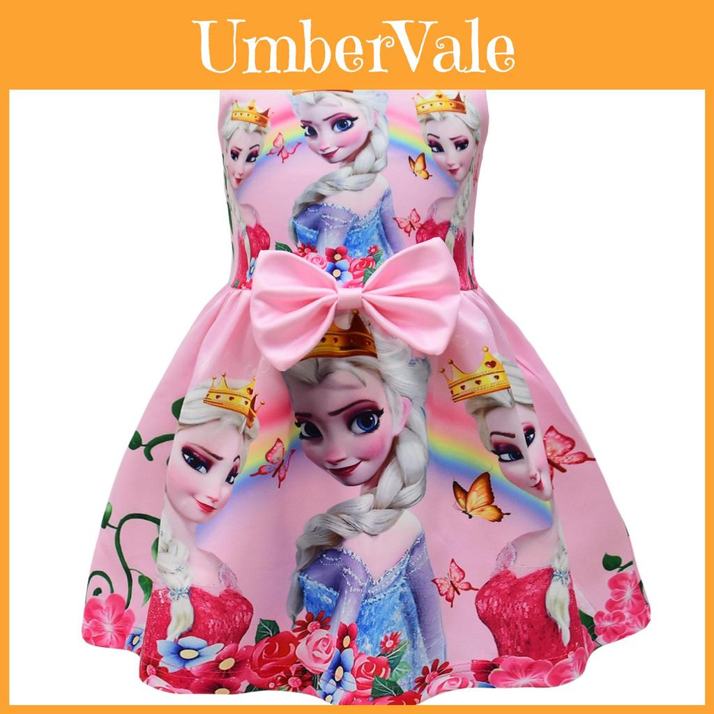 Frozen Elsa Cartoon Girl Dress With Cotton Blend Fabric For Summer Play