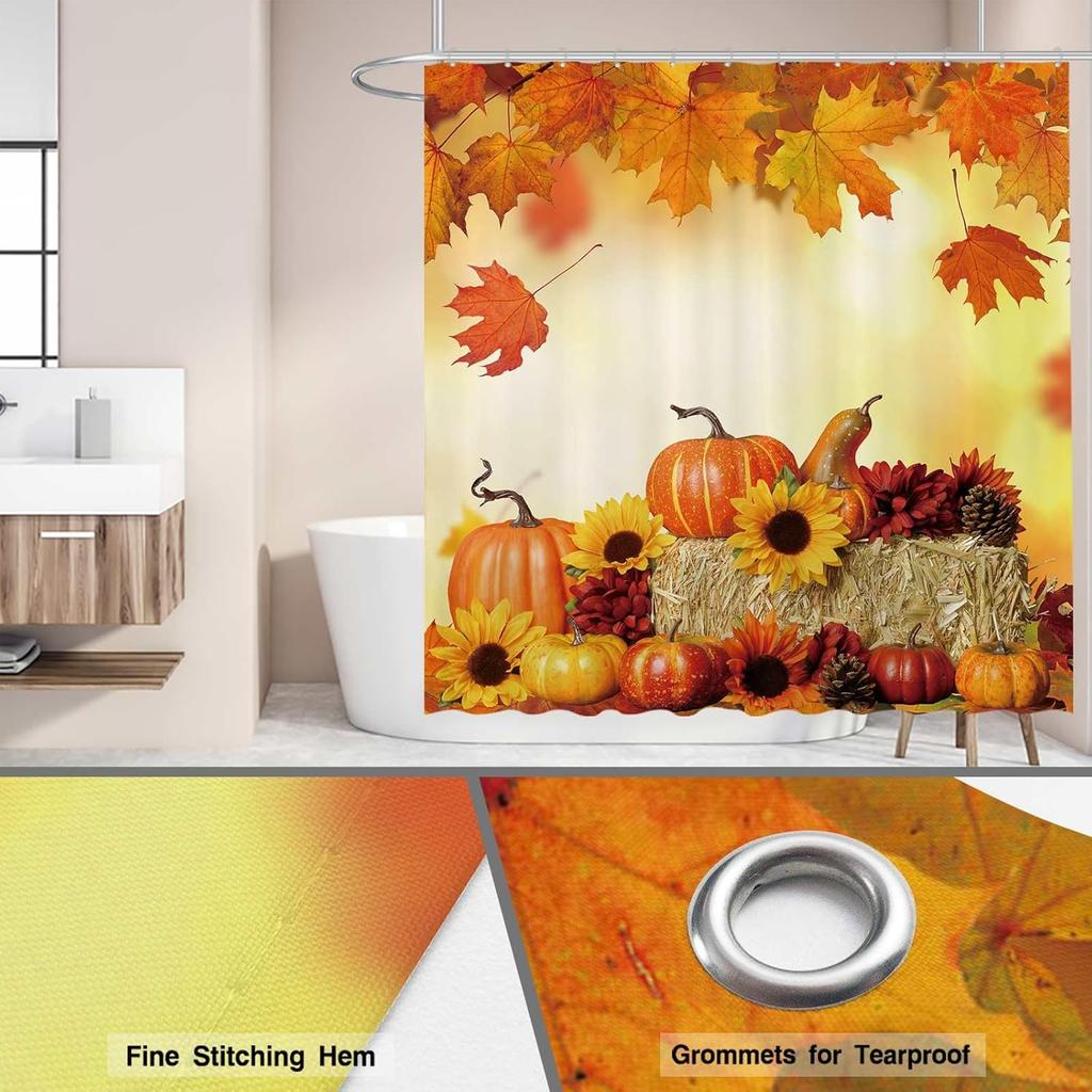 Funnytree 72"x72" Fall Pumpkins Maple Autumn Thanksgiving Sunflowers Harvest Falling Leaves Shower Curtain for Bathroom Decor Machine Washable (Hooks