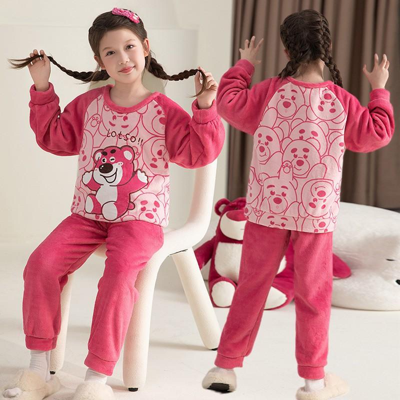 Girls Flannel Pajama Set Cartoon Print Long Sleeve Sleepwear Kids 8 Years Winter Home Outfit