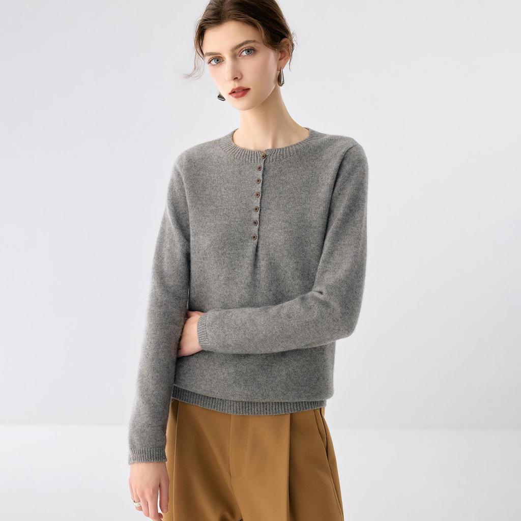 Lekasha Women's 7-Gauge Cashmere Half-Zip Round Neck Button-Up Sweater