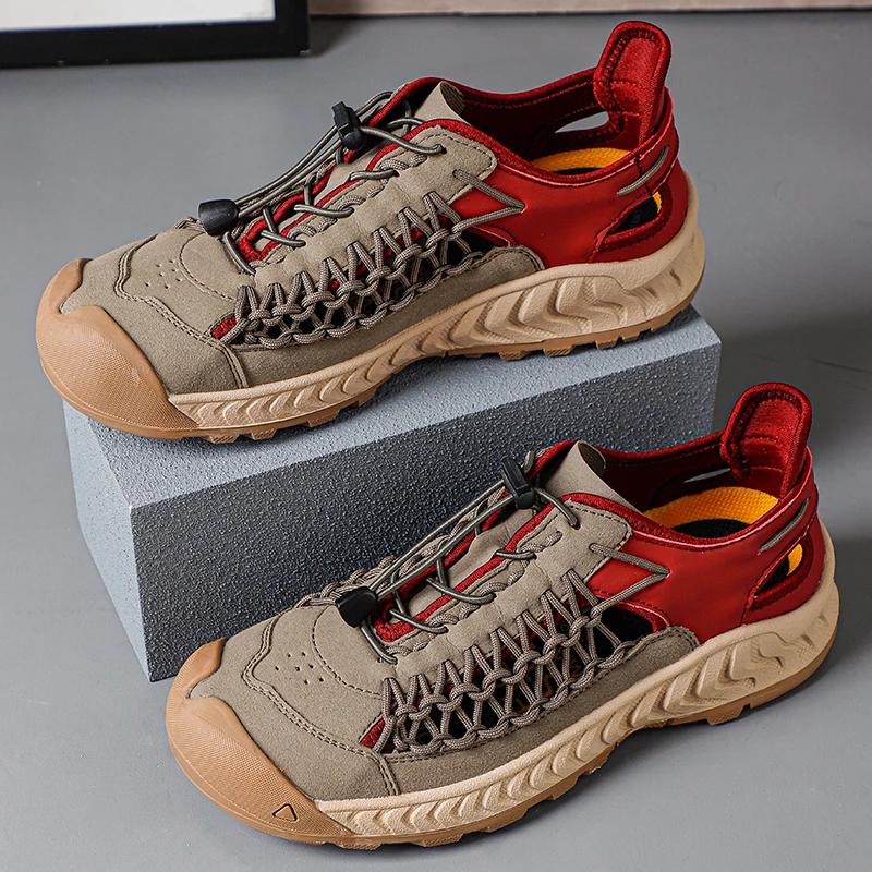 Fashion Casual Leather Men's Sandals New Wear-resistant Summer Flats Breathable Simple Men Beach Shoes Hollow Out Hand-stitching Sandaly