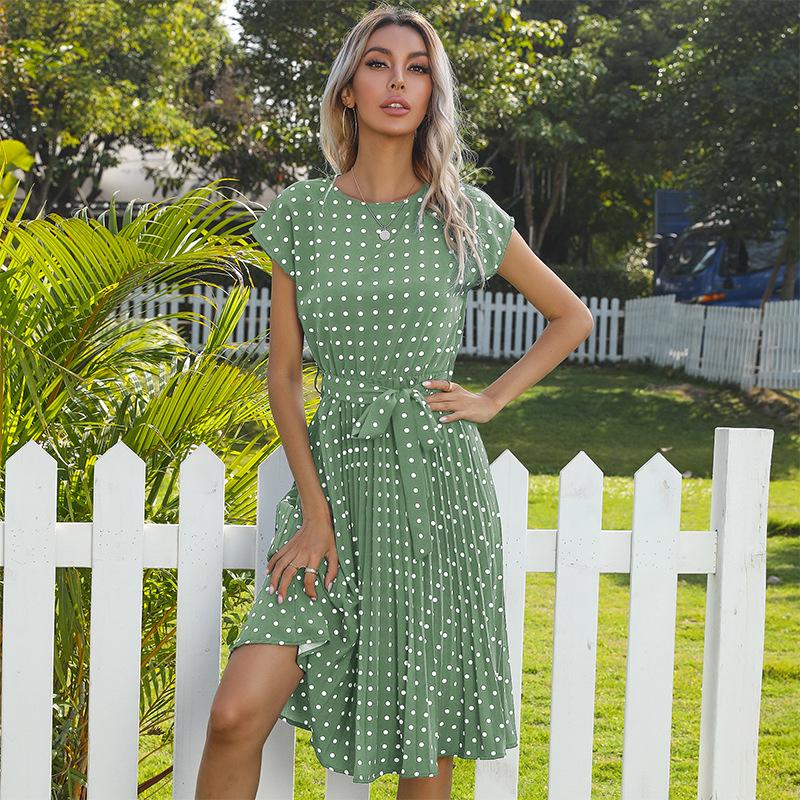 Women's Summer Polka Dot Round Neck Midi Dress with Retro Pleated Skirt