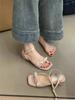 French bow design sense niche sweet square head sandals women's summer wear one word thin belt thick heel