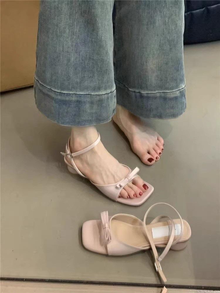 French bow design sense niche sweet square head sandals women's summer wear one word thin belt thick heel