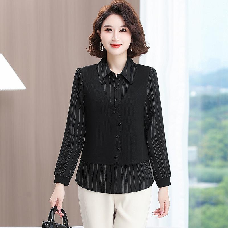 Women's Color-Block Knit Cardigan Jacket with Shirt Collar - Trendy Fake Two-Piece Design for Autumn 2026