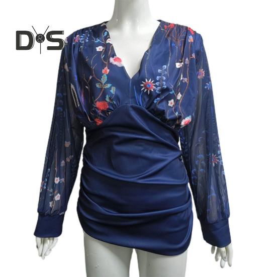 Women Lace Patchwork Long Sleeve Blouse Elegant Deep V Neck Slim Fit Pullover Top Office Lady Embroidery Floral Blouse
