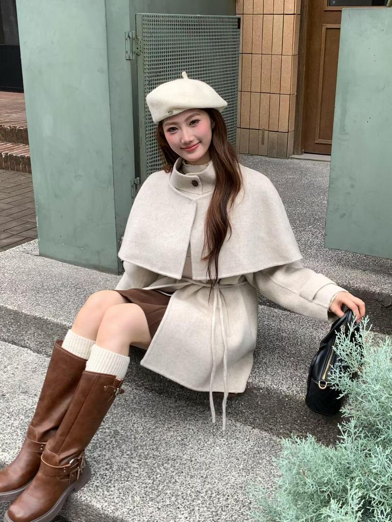 25 New French High-End Women's Wool Coat - Mid-Length Cape Shawl, Slim Fit Overcoat for Autumn and Winter