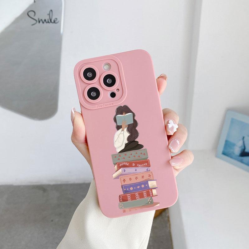 Read Book And Coffee Girl Phone Case Cute Cover for Iphone 7 8 Plus SE 2020 13 14 12 11 Pro Max X XS XR Soft Silicone Back Cover