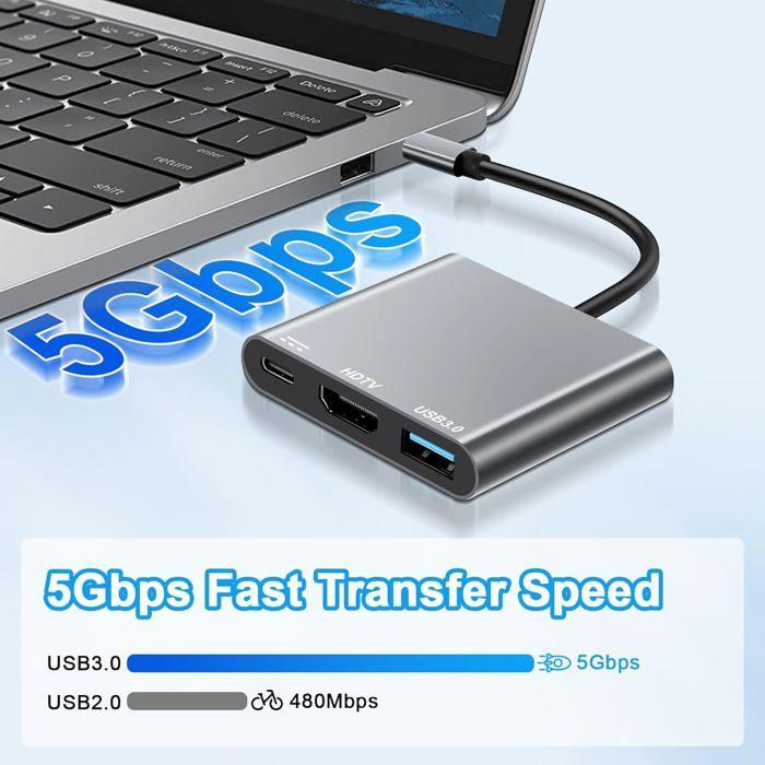 Adaptateur USB-C HDMI - REM - Hub 3-en-1 - HDMI 4K@30Hz - USB 3.0 5Gbps - Charge PD 100W