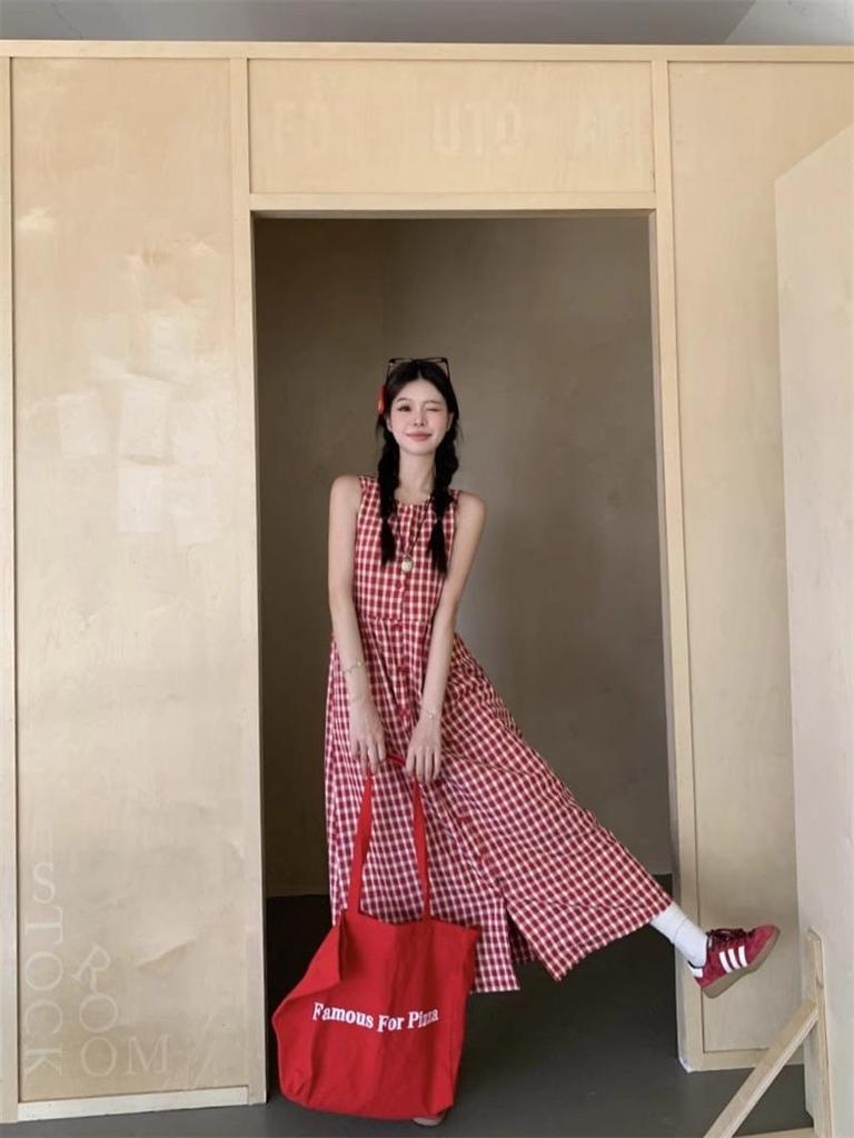Women's Sweet & Spicy Red Plaid Sleeveless Tank Dress - Spring 2025 Collection, Loose Fit, Single-Breasted, Long Lazy Style