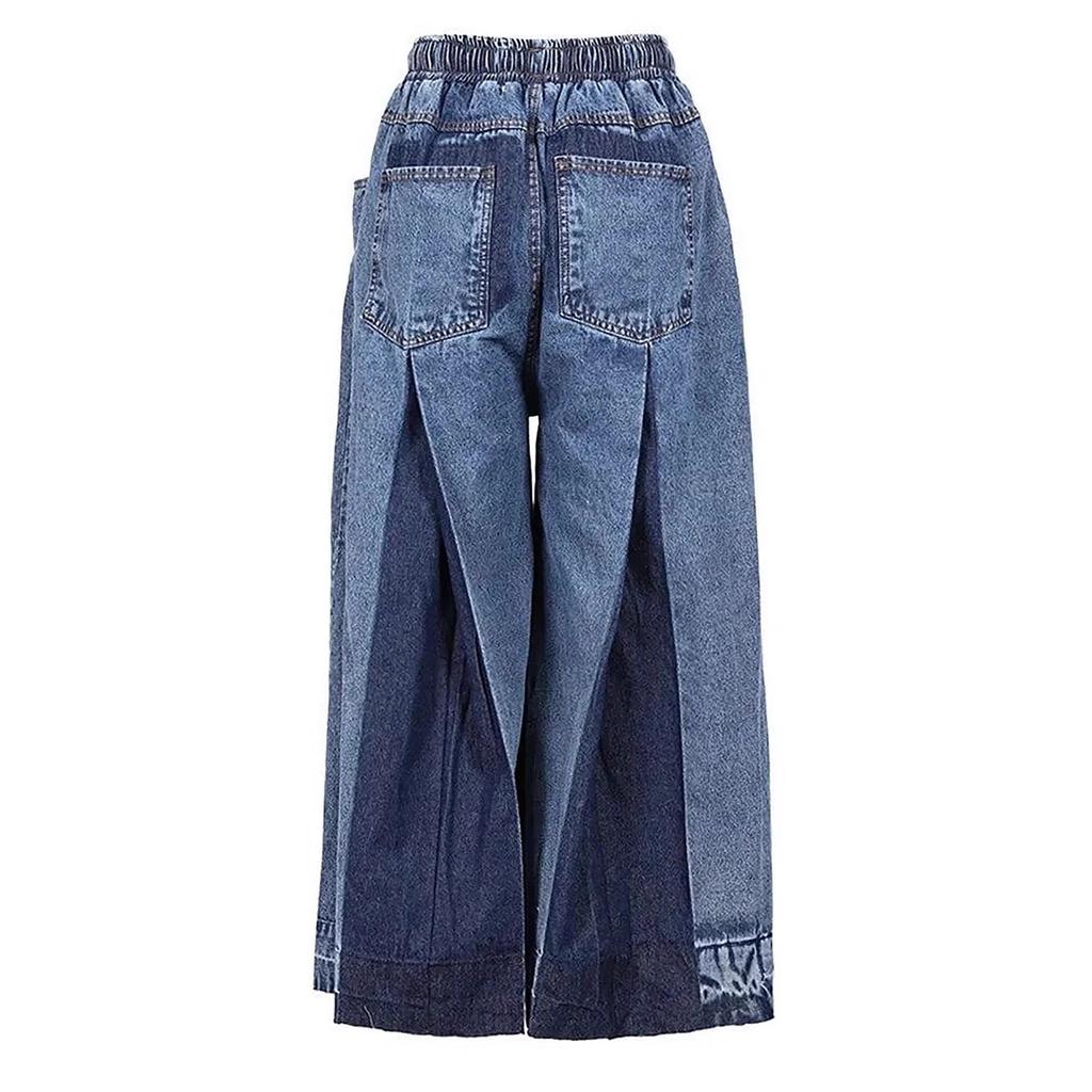 Women's Elastic Drawstring Waist Wide Leg Loose Fit Color Block Patchwork Culotte Pants Streetwear Denim Capri Jeans For Spring