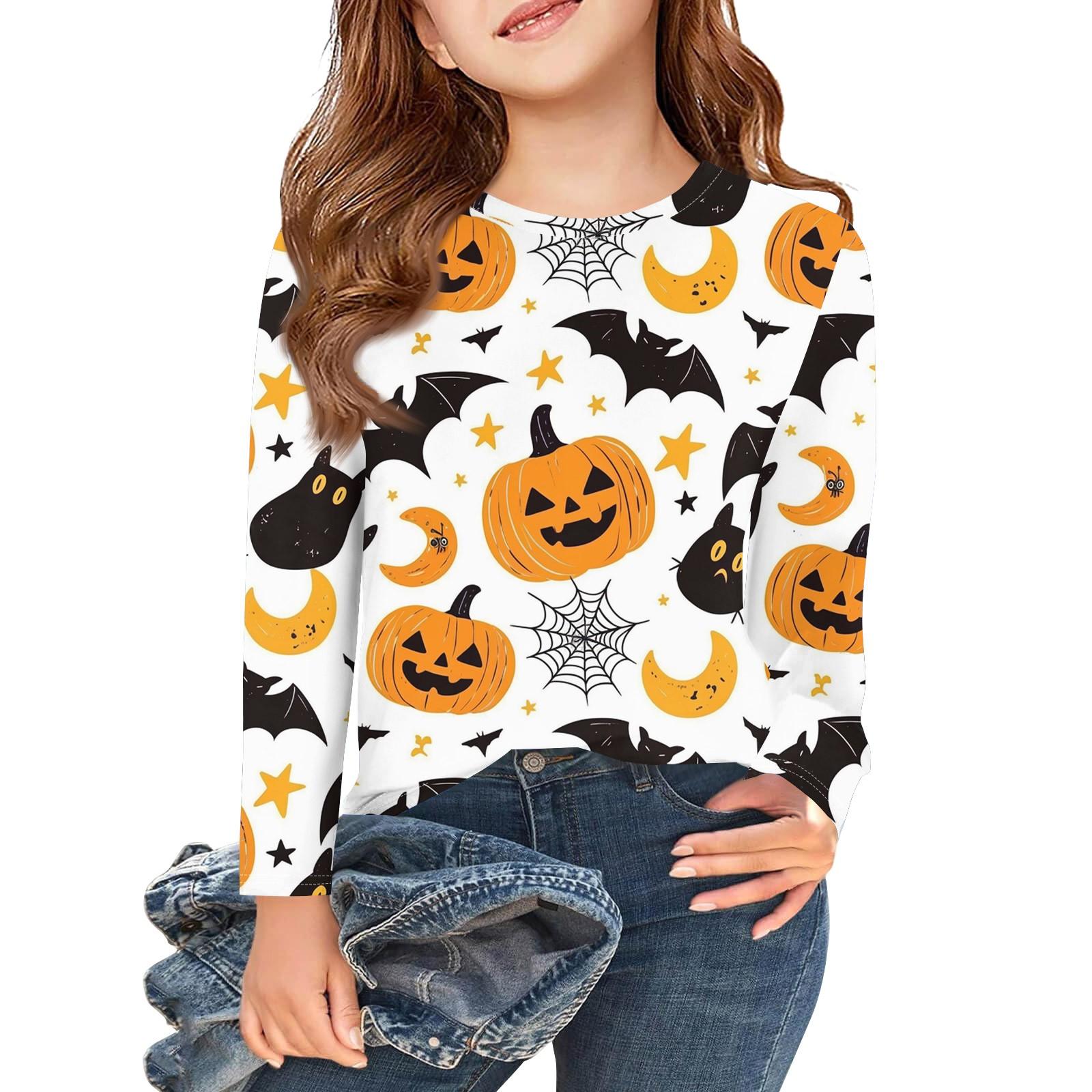 

Футболки с длинным рукавом для девочек, детские осенние топы, круглый вырез, с принтом на Хэллоуин, базовые футболки 3-9 лет 150 жёлтый