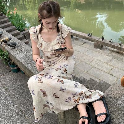 Sommer 2026 Mode Print Schmetterling Langes Freizeitkleid Damen Mode Chic Rüschen Quadratischer Kragen Kleid Koreanisch Elegant Bodycon Kleid