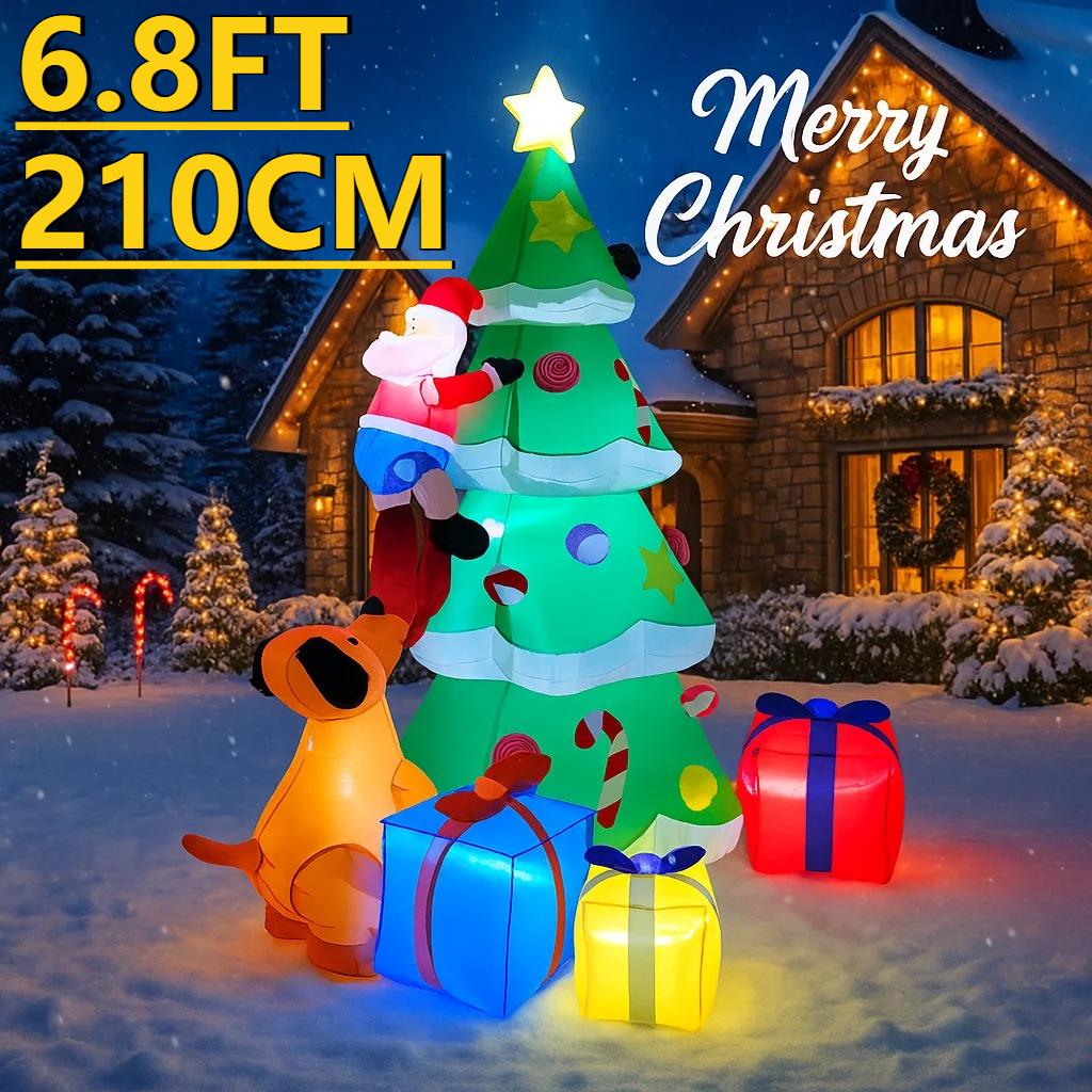 6.8FT LED Inflatable Xmas Yard Decor Santa Climbing Tree with Dog Gift Boxes Christma Decoration Supplies Home Ornament Toy Gift